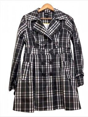 Xoxo trench coat lightweight jacket plaid black white double brest pocket medium